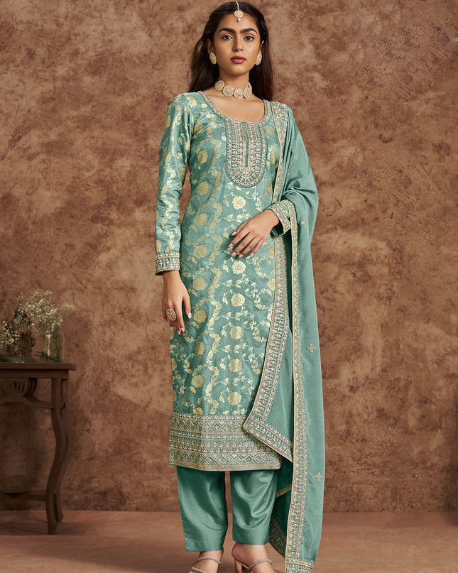 mint blue dola jacquard embroidered plus size suit