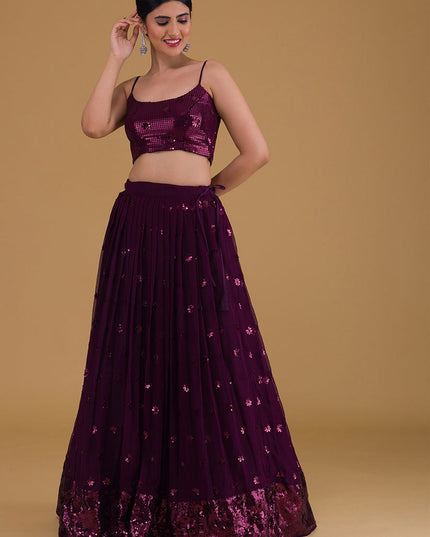 purple embroidered georgette lehenga choli set
