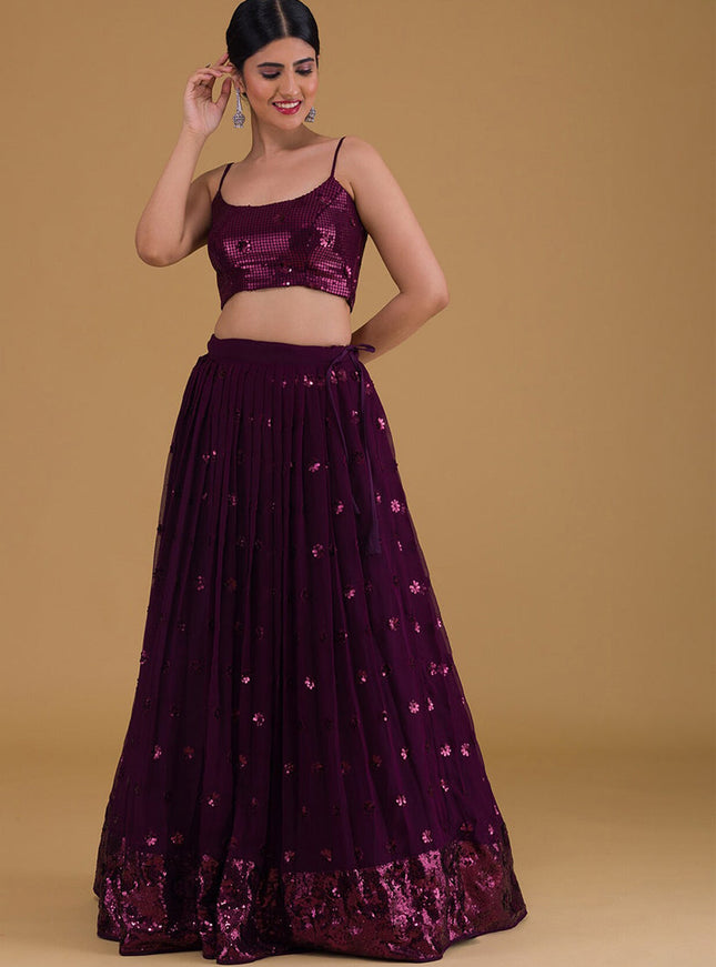 purple embroidered georgette lehenga choli set