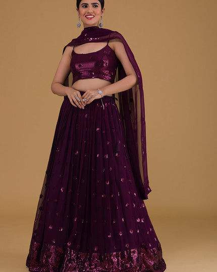 purple embroidered georgette lehenga choli set