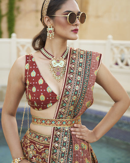 Rust Maroon Rajwadi Silk Embellished Lehenga Choli