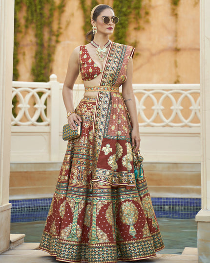 Rust Maroon Rajwadi Silk Embellished Lehenga Choli