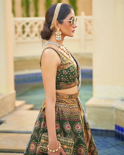 Forest Green Rajwadi Silk Embellished Lehenga Choli