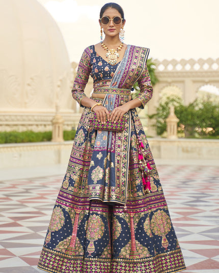 Prussian Blue Rajwadi Silk Embellished Lehenga Choli