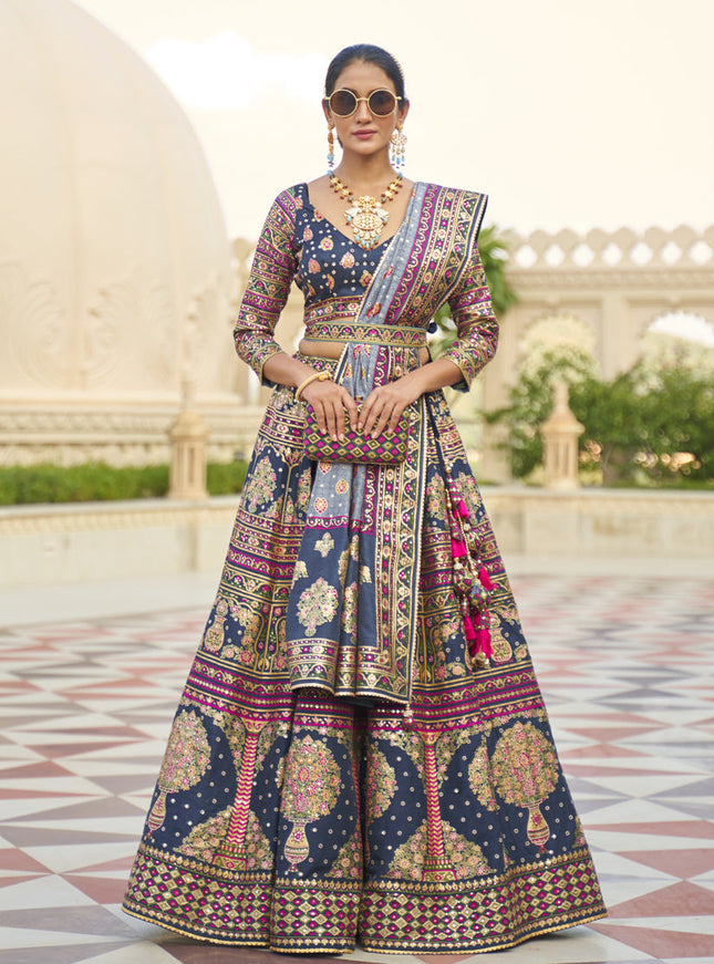 Prussian Blue Rajwadi Silk Embellished Lehenga Choli
