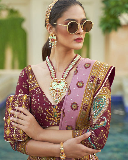Wine Rajwadi Silk Embellished Lehenga Choli