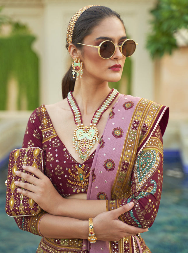 Wine Rajwadi Silk Embellished Lehenga Choli