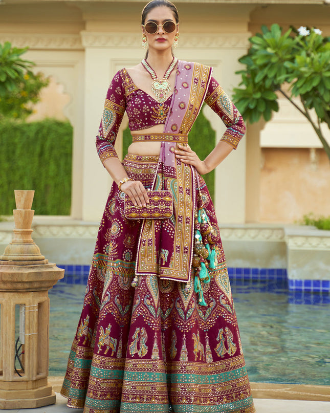 Wine Rajwadi Silk Embellished Lehenga Choli
