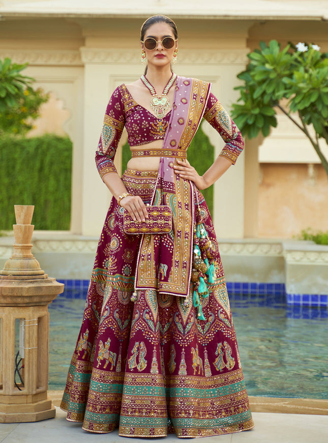 Wine Rajwadi Silk Embellished Lehenga Choli