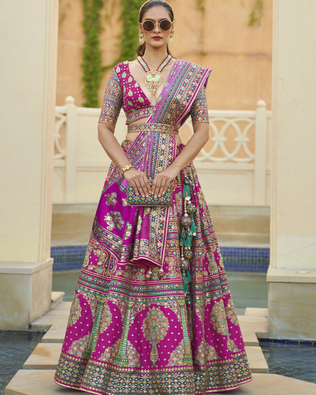 Magenta Rajwadi Silk Embellished Lehenga Choli