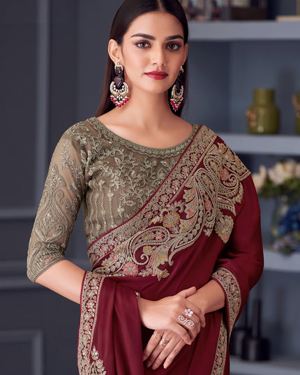 Wonderful Maroon Satin Silk Embroidered Designer Saree