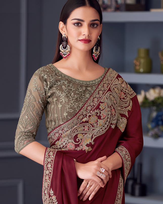Wonderful Maroon Satin Silk Embroidered Designer Saree