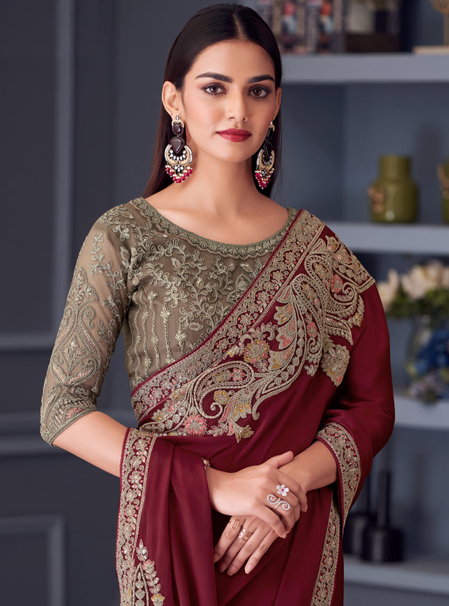 Wonderful Maroon Satin Silk Embroidered Designer Saree
