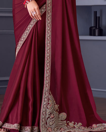 Wonderful Maroon Satin Silk Embroidered Designer Saree