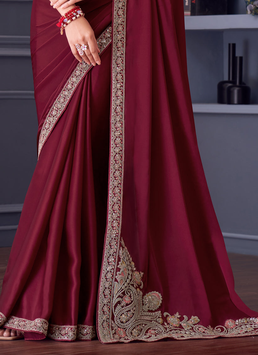 Wonderful Maroon Satin Silk Embroidered Designer Saree