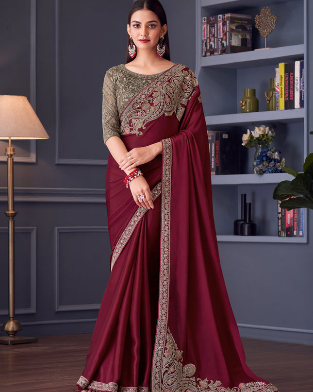 Wonderful Maroon Satin Silk Embroidered Designer Saree