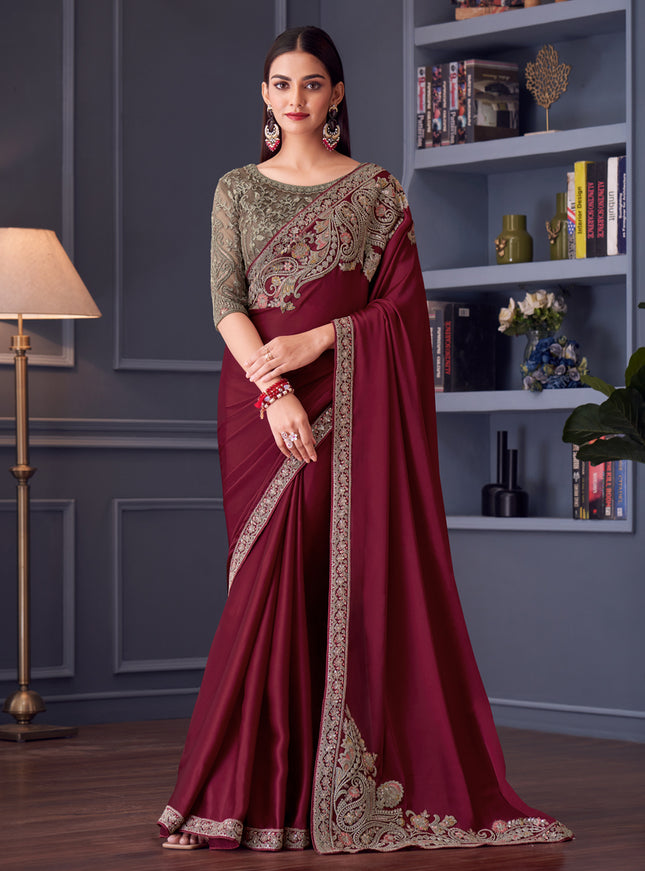 Wonderful Maroon Satin Silk Embroidered Designer Saree