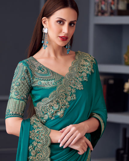 Gorgeous Firozi Silk Chiffon Embroidered Designer Saree