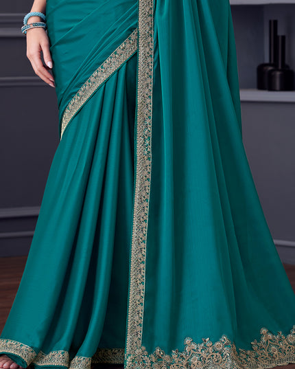 Gorgeous Firozi Silk Chiffon Embroidered Designer Saree