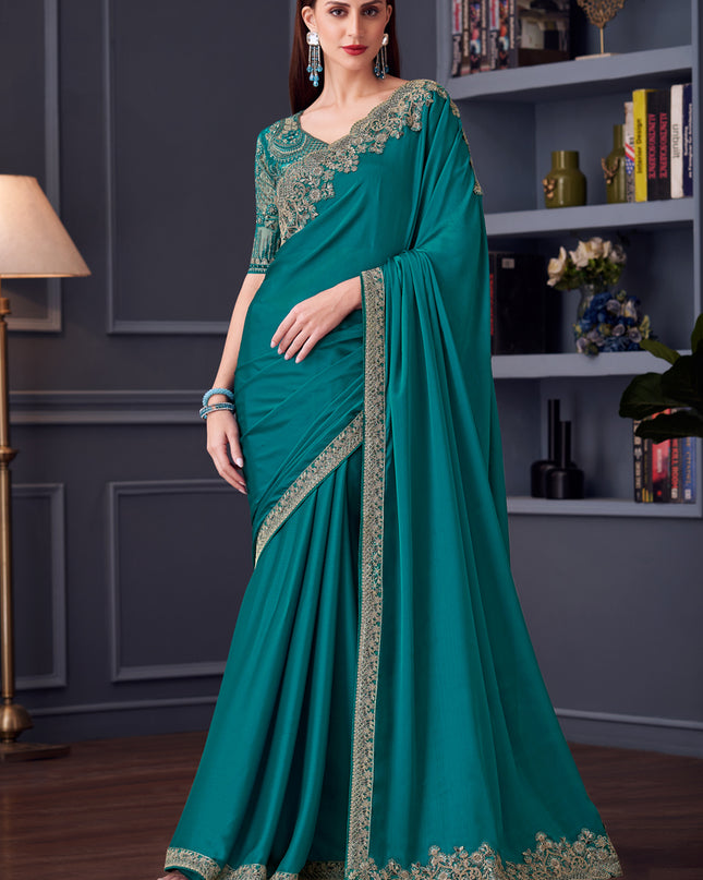 Gorgeous Firozi Silk Chiffon Embroidered Designer Saree