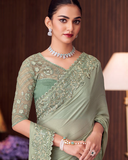 Astonishing Mint Grey Sequins Silk Embroidered Designer Saree