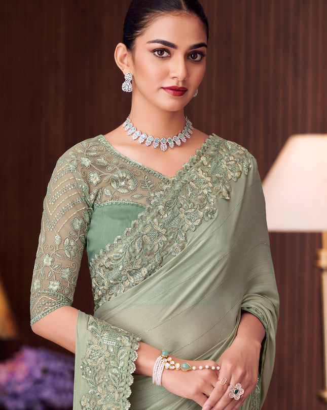 Astonishing Mint Grey Sequins Silk Embroidered Designer Saree