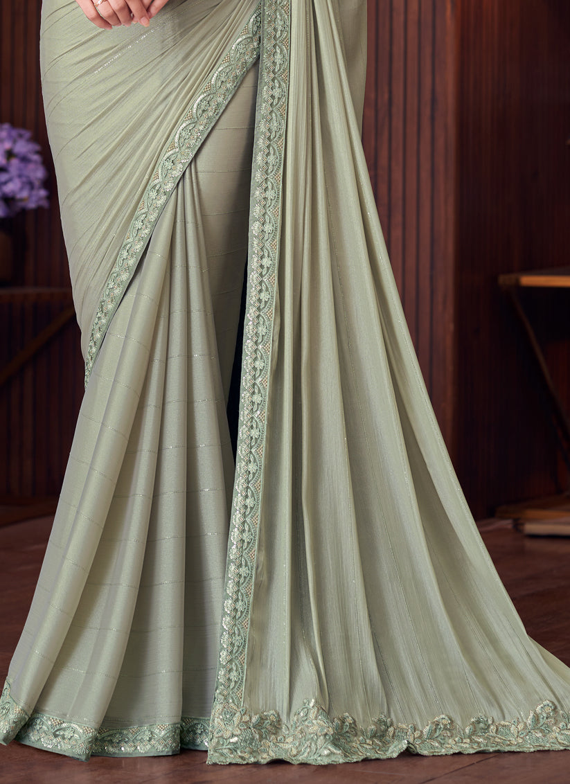 Astonishing Mint Grey Sequins Silk Embroidered Designer Saree