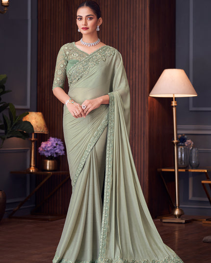 Astonishing Mint Grey Sequins Silk Embroidered Designer Saree