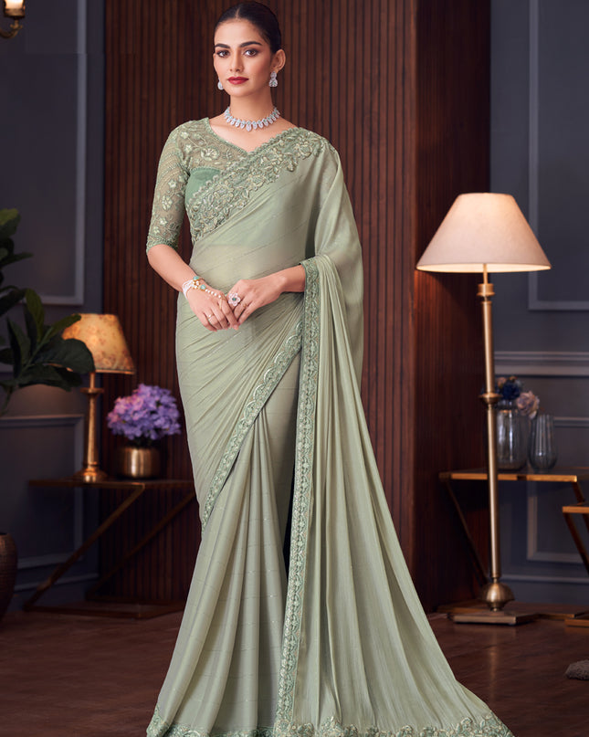 Astonishing Mint Grey Sequins Silk Embroidered Designer Saree