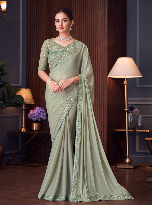 Astonishing Mint Grey Sequins Silk Embroidered Designer Saree