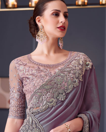 Unique Lavender Grey Chiffon Silk Embroidered Designer Saree