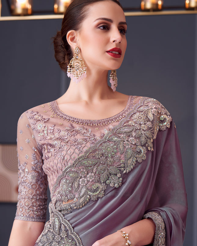 Unique Lavender Grey Chiffon Silk Embroidered Designer Saree