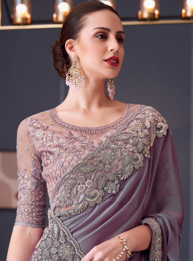 Unique Lavender Grey Chiffon Silk Embroidered Designer Saree