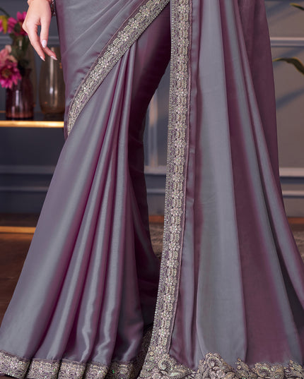 Unique Lavender Grey Chiffon Silk Embroidered Designer Saree