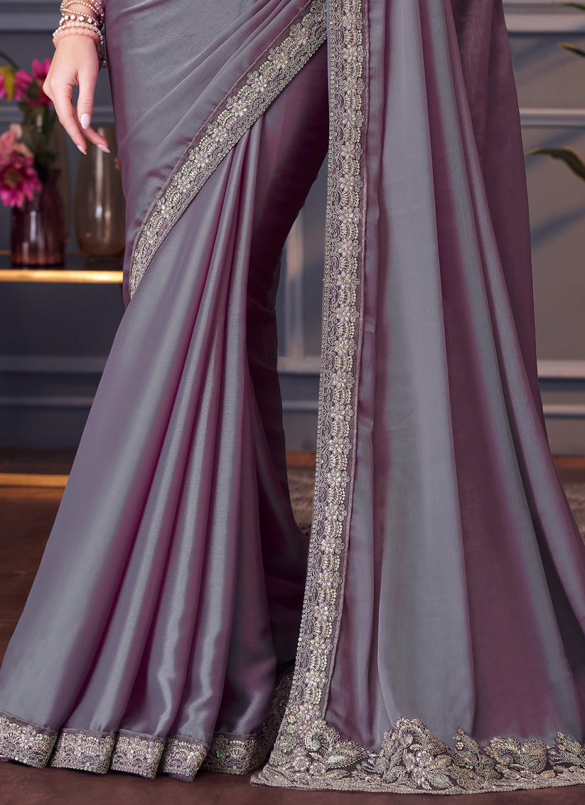 Unique Lavender Grey Chiffon Silk Embroidered Designer Saree
