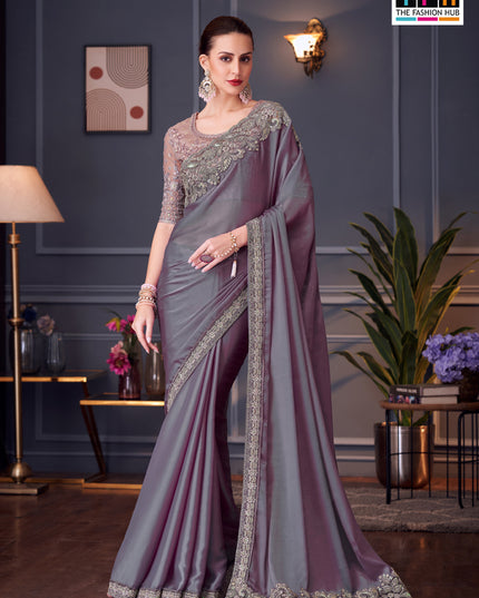Unique Lavender Grey Chiffon Silk Embroidered Designer Saree