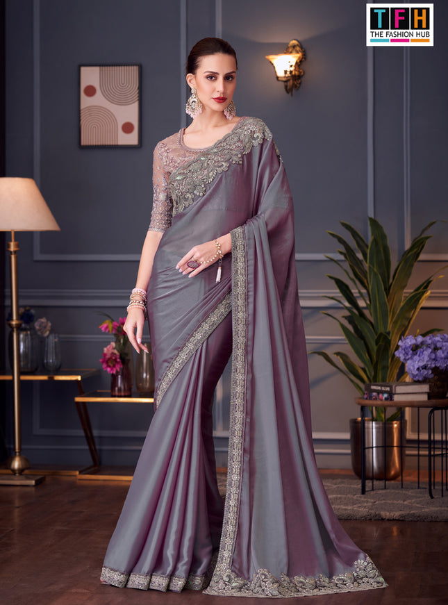 Unique Lavender Grey Chiffon Silk Embroidered Designer Saree