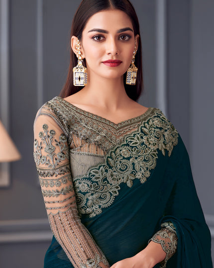 Incredible Peacock Blue Shimmer Georgette Embroidered Designer Saree