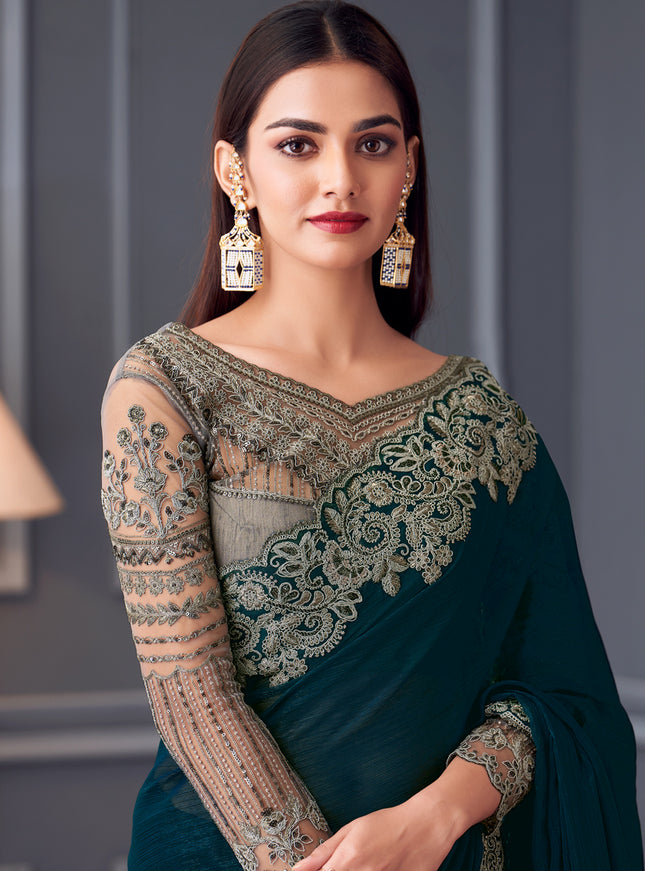 Incredible Peacock Blue Shimmer Georgette Embroidered Designer Saree