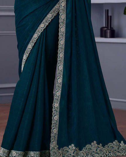 Incredible Peacock Blue Shimmer Georgette Embroidered Designer Saree