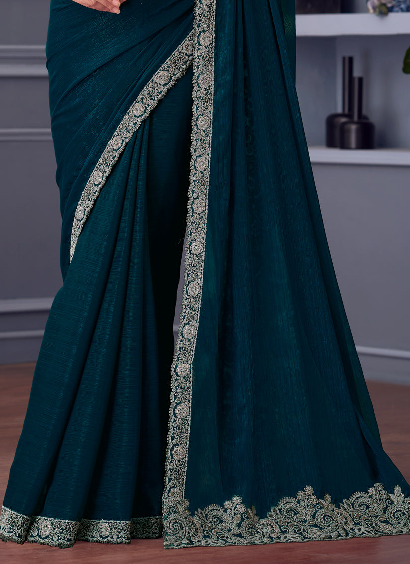 Incredible Peacock Blue Shimmer Georgette Embroidered Designer Saree