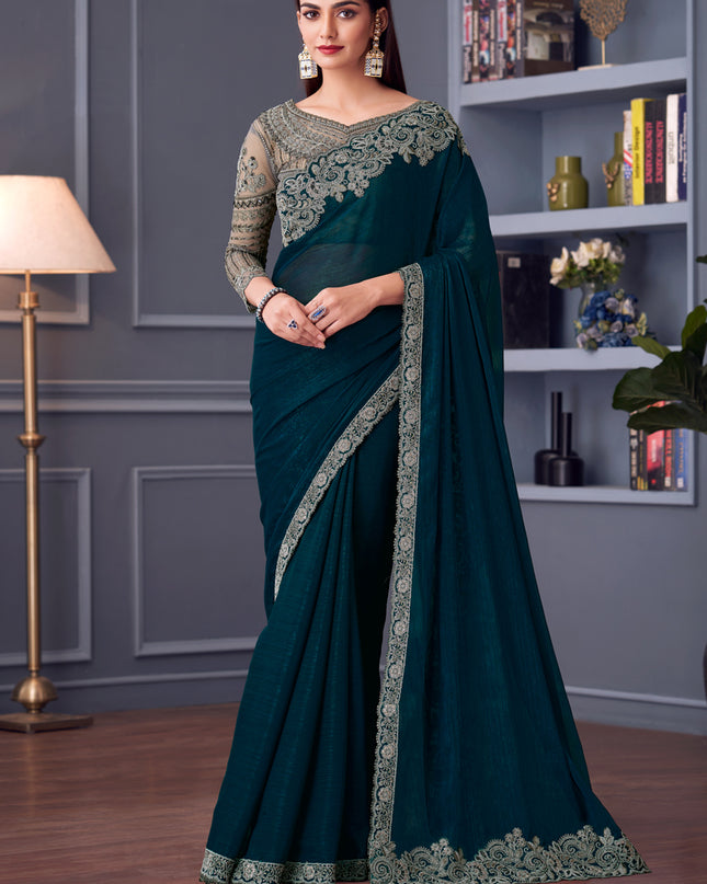 Incredible Peacock Blue Shimmer Georgette Embroidered Designer Saree