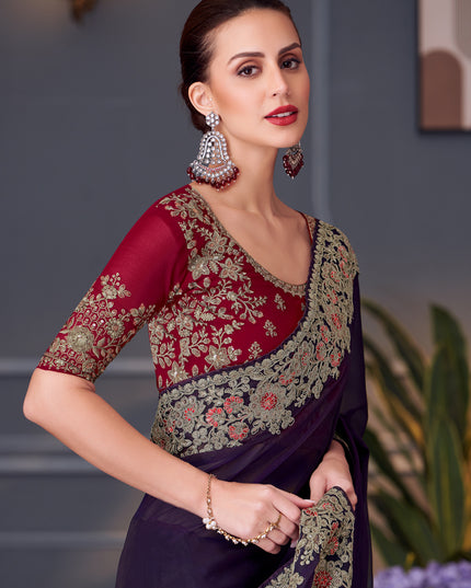 Spectacular Eggplant Georgette Embroidered Designer Saree