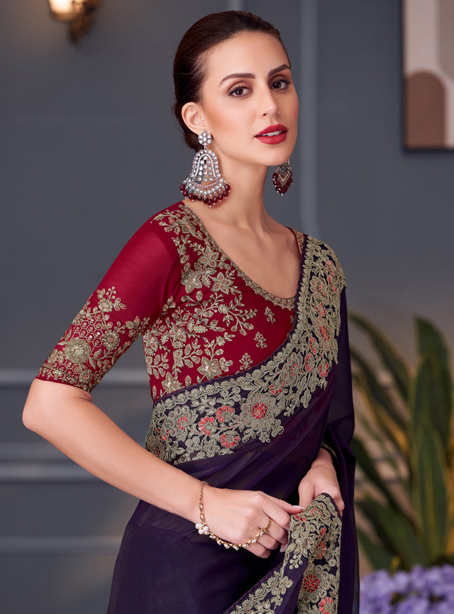 Spectacular Eggplant Georgette Embroidered Designer Saree