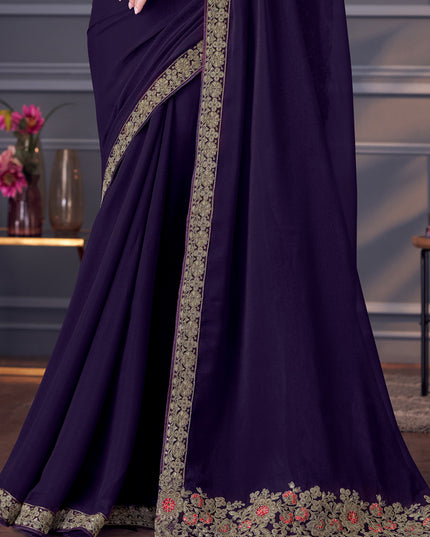 Spectacular Eggplant Georgette Embroidered Designer Saree