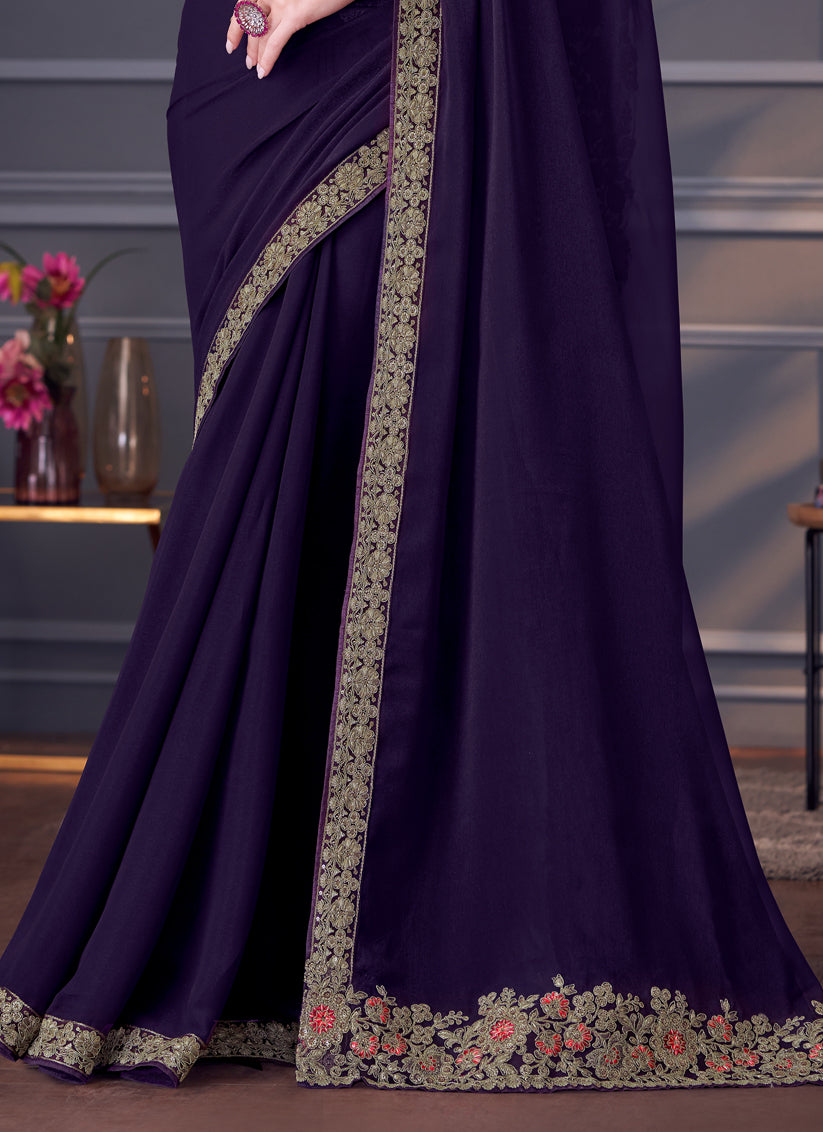 Spectacular Eggplant Georgette Embroidered Designer Saree
