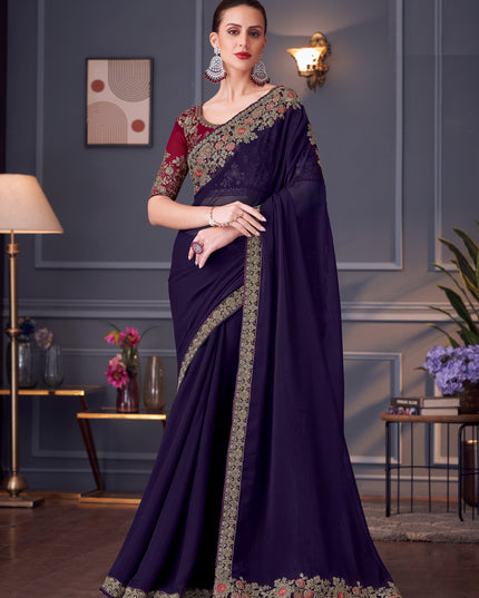 Spectacular Eggplant Georgette Embroidered Designer Saree