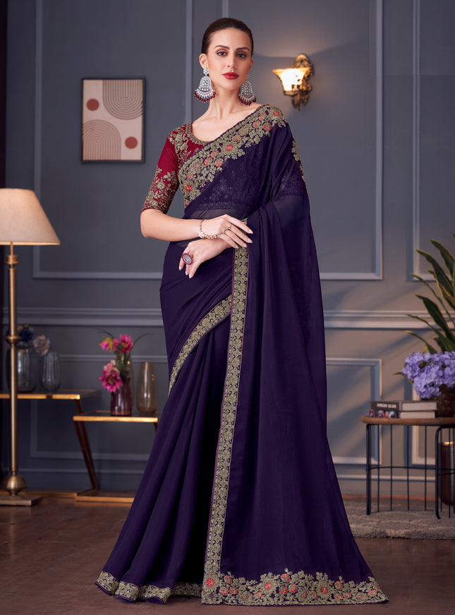 Spectacular Eggplant Georgette Embroidered Designer Saree