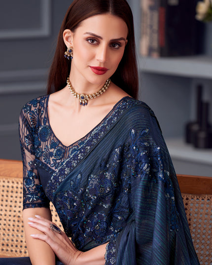 Dazzling Peacock Blue Glitter Silk Embroidered Designer Saree