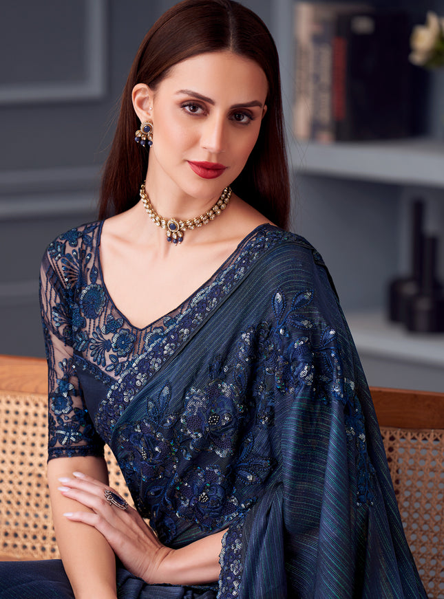 Dazzling Peacock Blue Glitter Silk Embroidered Designer Saree